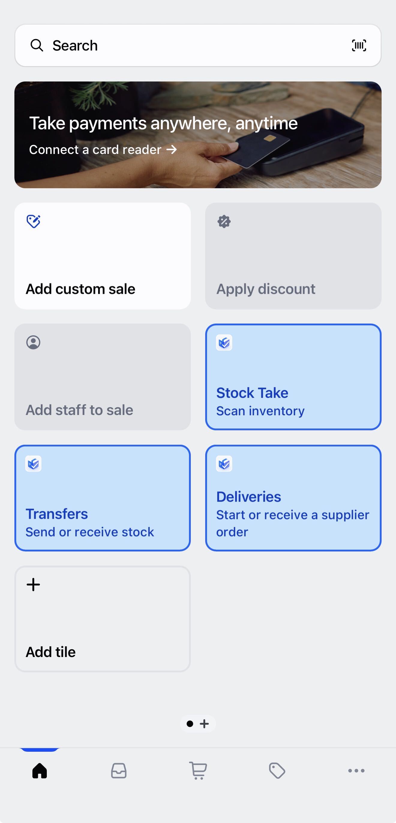 The Shopify POS home screen with the Stock Take tile added.