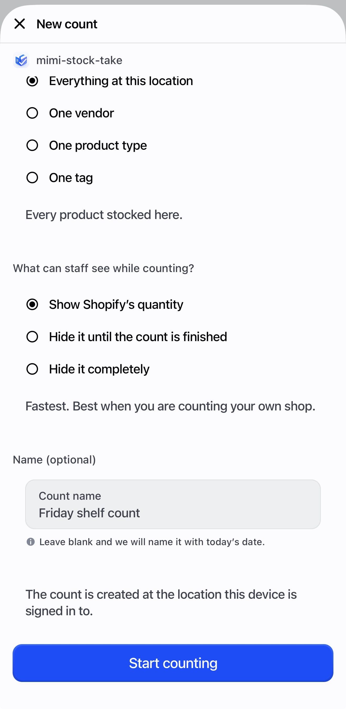 The New count screen on POS, showing the scope options.