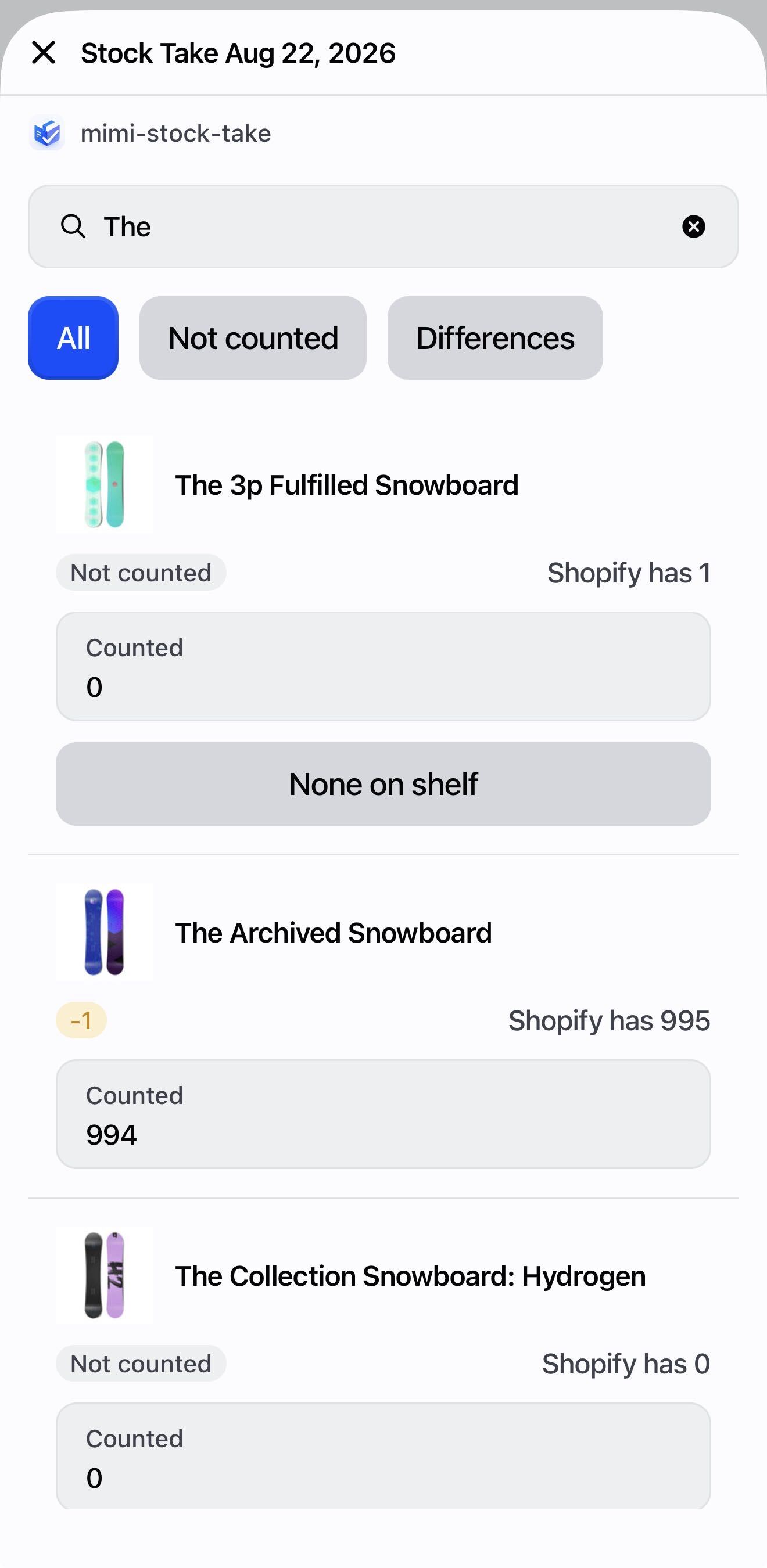 The counting screen listing products with thumbnails, counted quantities and badges.