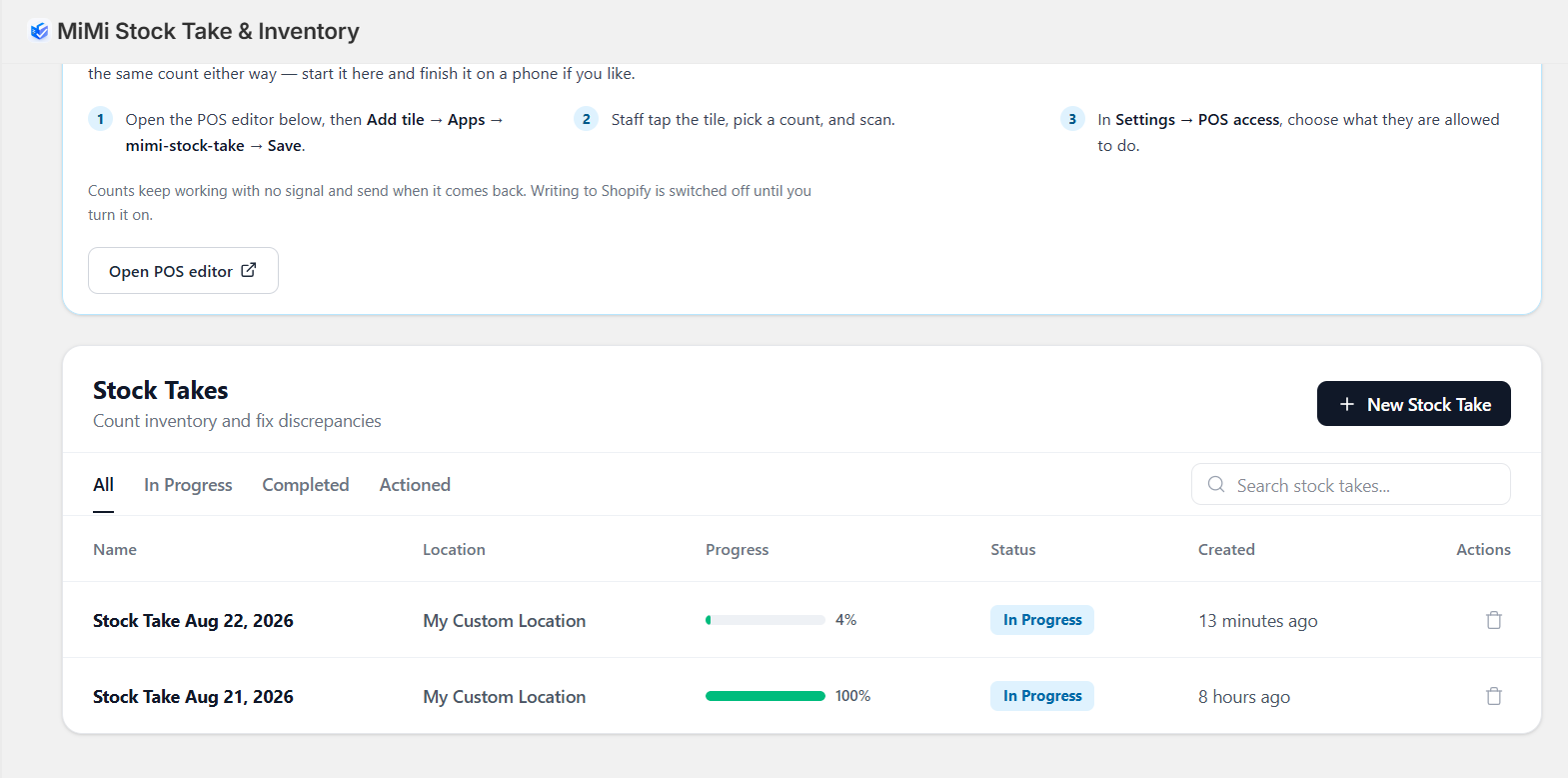 The Stock Takes list in the Shopify admin.