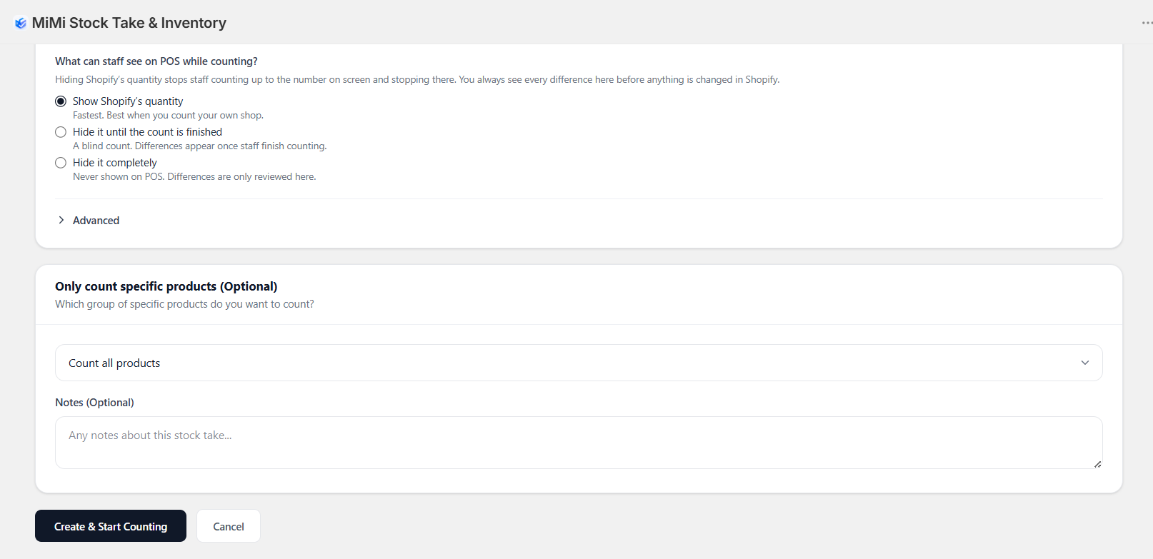 The create stock take form, showing name and counting rules.