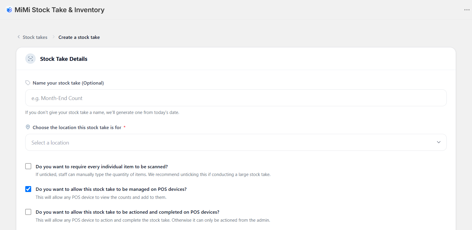 The create stock take form, showing scope options.