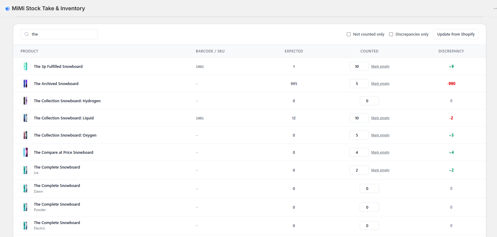 A stock take detail page showing Expected, Counted and Discrepancy for each product.