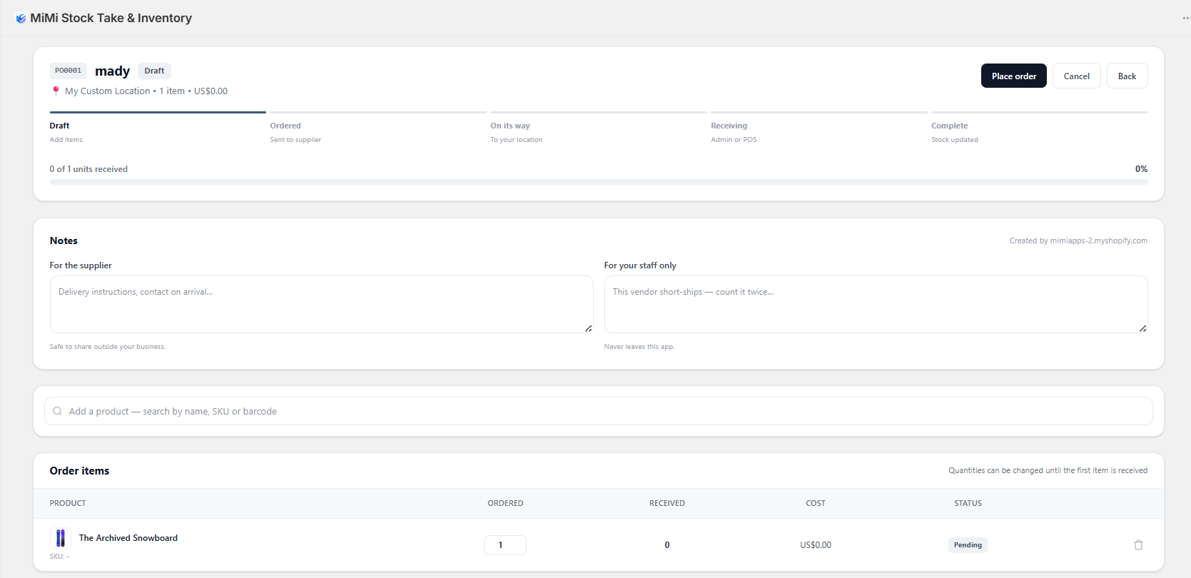 A purchase order in the admin, showing ordered and received quantities.