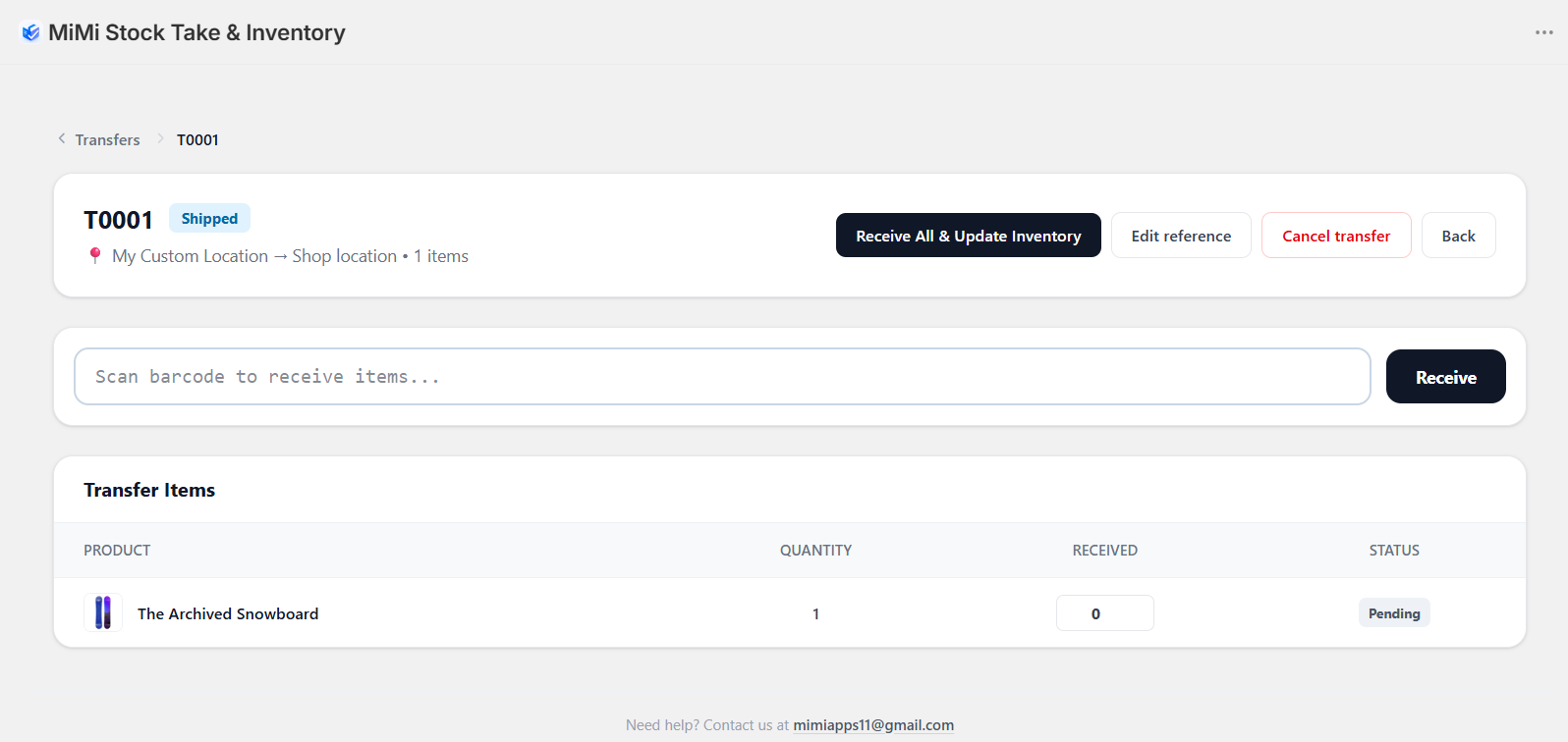 A transfer in the admin, showing origin, destination and line items.