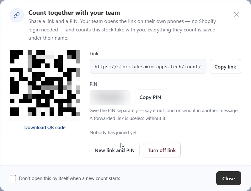The Count together with your team window, with a QR code, the link, the PIN and buttons to copy them.