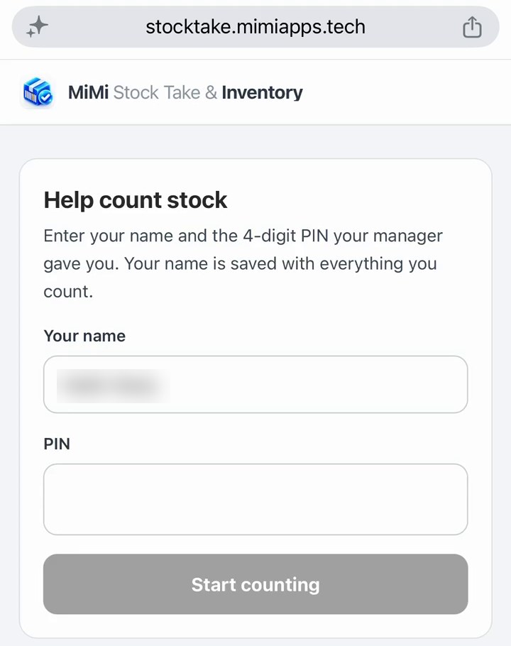 A phone browser showing Help count stock, with fields for your name and the PIN.