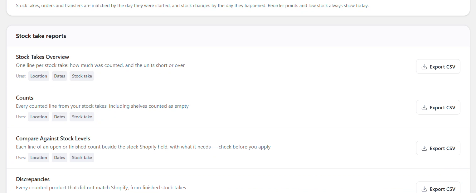 The Report and Export page, listing stock take reports with an Export CSV button on each.