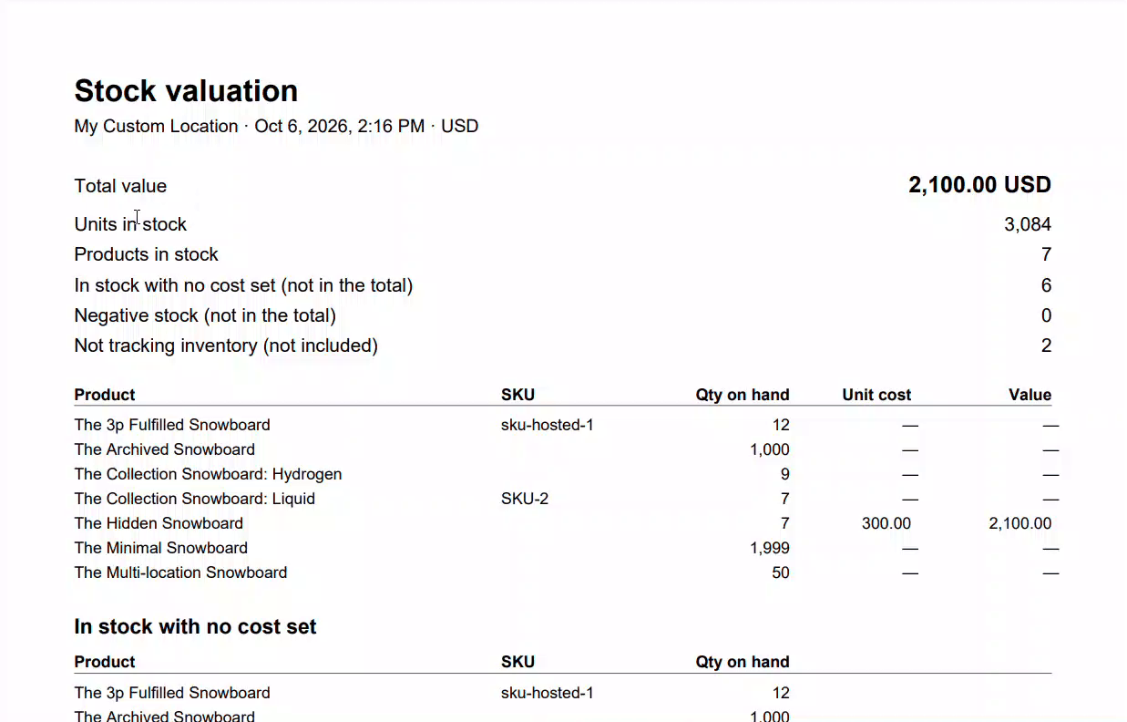 A stock valuation PDF with the total value, a summary and a line per product.